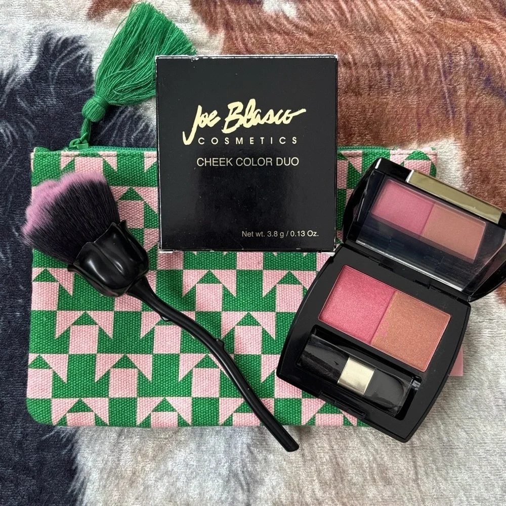 Brand New Joe Blasco Cosmetics Cheek Color Duo Rose Flower Brush & Makeup Pouch